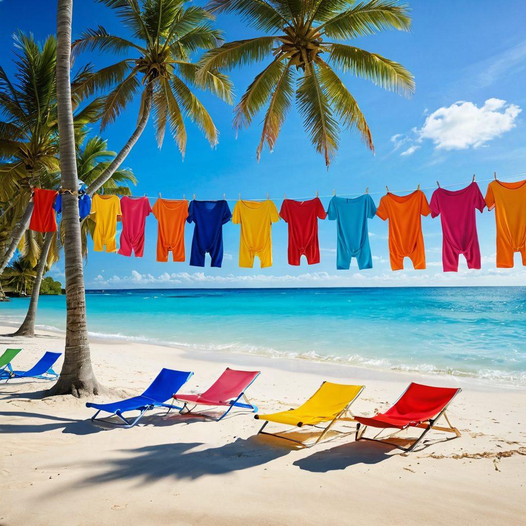 A serene beach setting, featuring an array of colorful bathing suits displayed on a clothesline swaying in the gentle breeze. In the foreground, a person appears contemplative, browsing through vibrant swimwear options, embodying a mix of emotions from melancholy to excitement. The warm sun casts golden light, enhancing the delightful hues of the suits against a backdrop of crystal blue water and soft sandy beach. playful, tropical elements like palm trees and seashells add to the ambiance. vibrant colors. super-realistic.